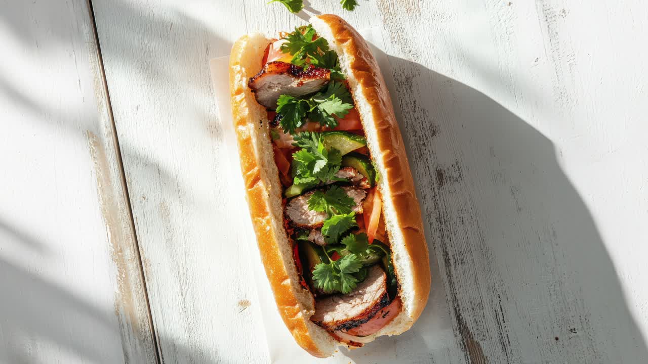 sándwich de banh mi plano con carne de cerdo a la parrilla y verduras