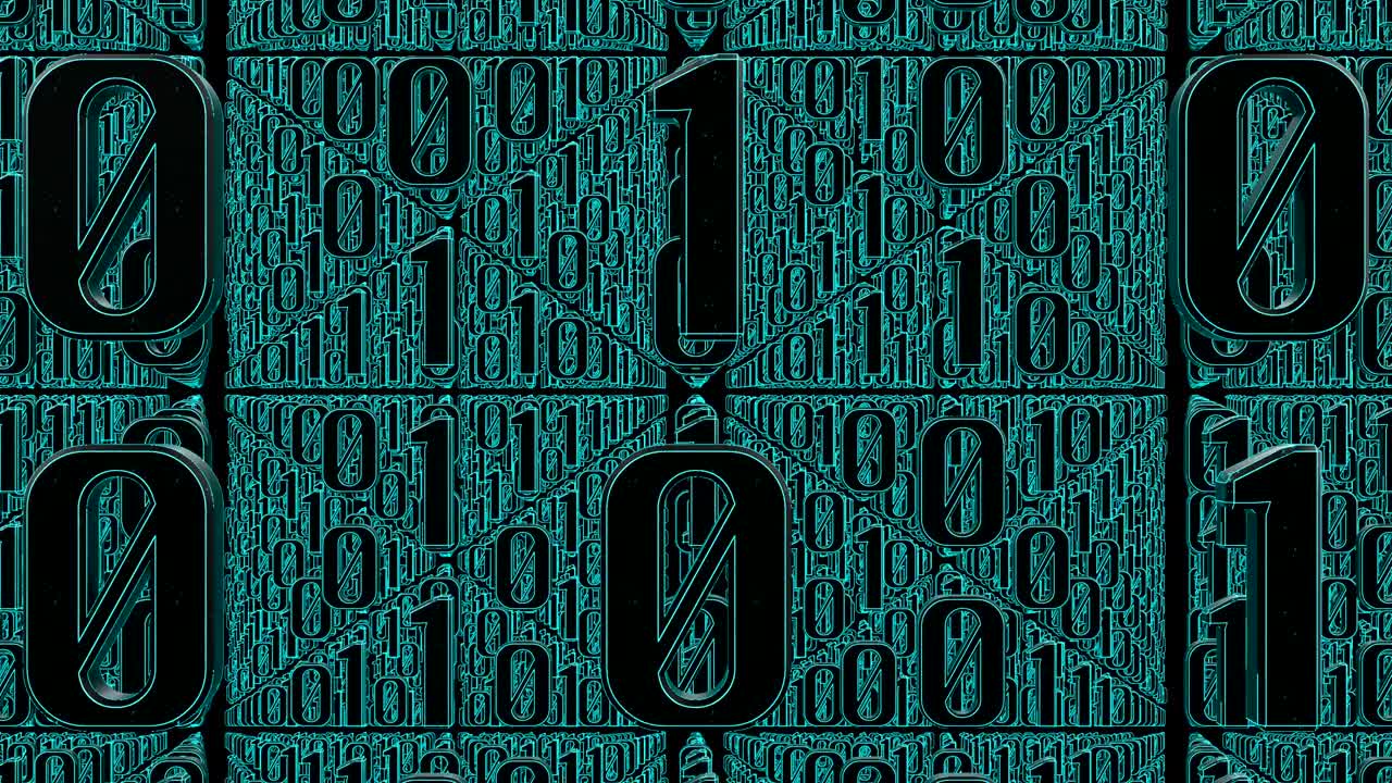 Camera flies through cyan binary code