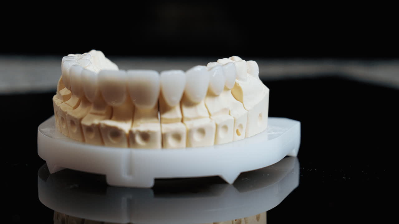Close-up of dental veneers displayed on a model in a professional dentistry studio. Clean, clinical aesthetic showcasing cosmetic dentistry, precision work, and modern dental care