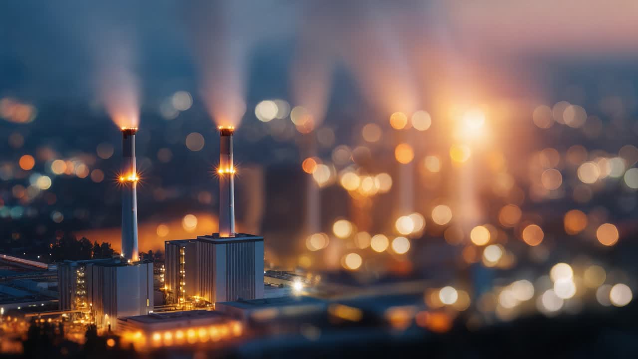 Centrale électrique industrielle au crépuscule : la fumée des émissions et les lumières vives créent un horizon urbain époustouflant, rempli d’énergie et de modernité, sur fond flou.