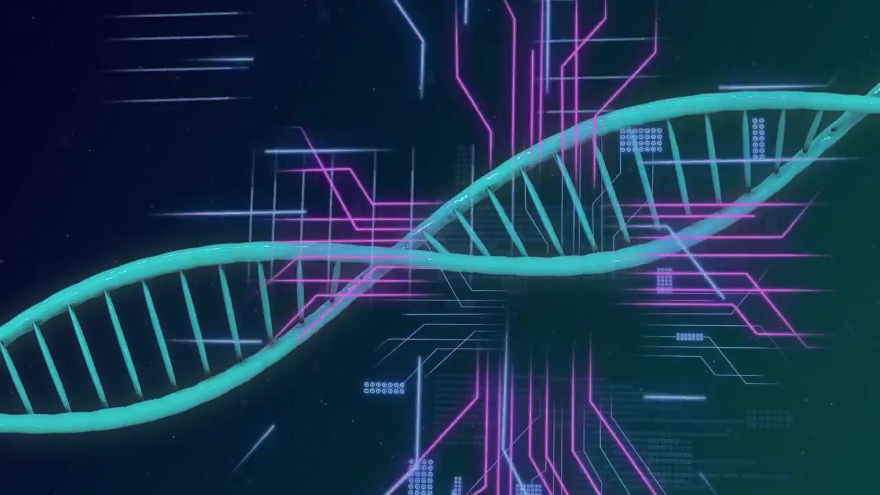 Drifting paddles aligning into turquoise helix, strand undulating while circuitry showing data flow