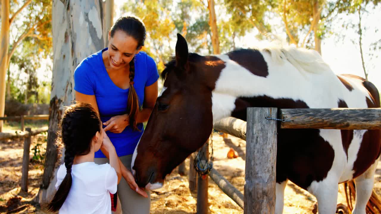 Mother and daughter stroking horse in ranch 4k
