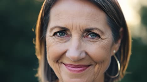 primer plano de una mujer mayor sonriendo, mostrando un rostro marcado por arrugas y manchas de la edad. ojos brillantes y alegres reflejan una sensación de felicidad y satisfacción en su expresión