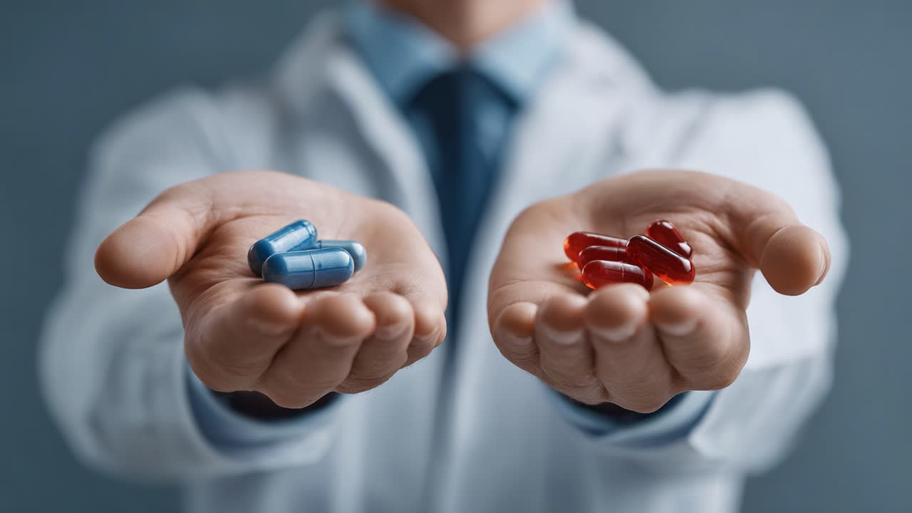 A healthcare professional presents two types of capsules, showcasing the contrast between blue and red medications, symbolizing choices in treatment options available to patients