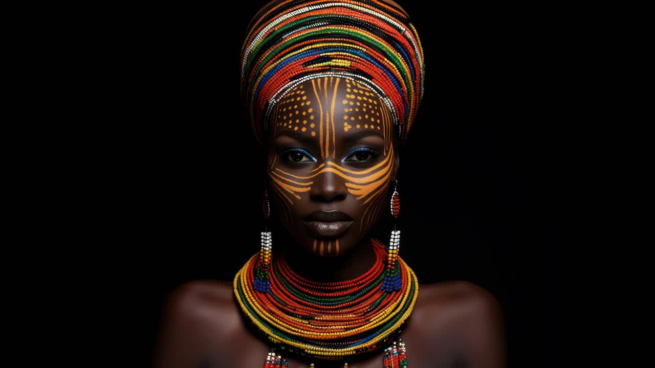 Fotograma de vídeo vibrante con temática tribal, en el que aparece una mujer con coloridos collares y pintura facial.
