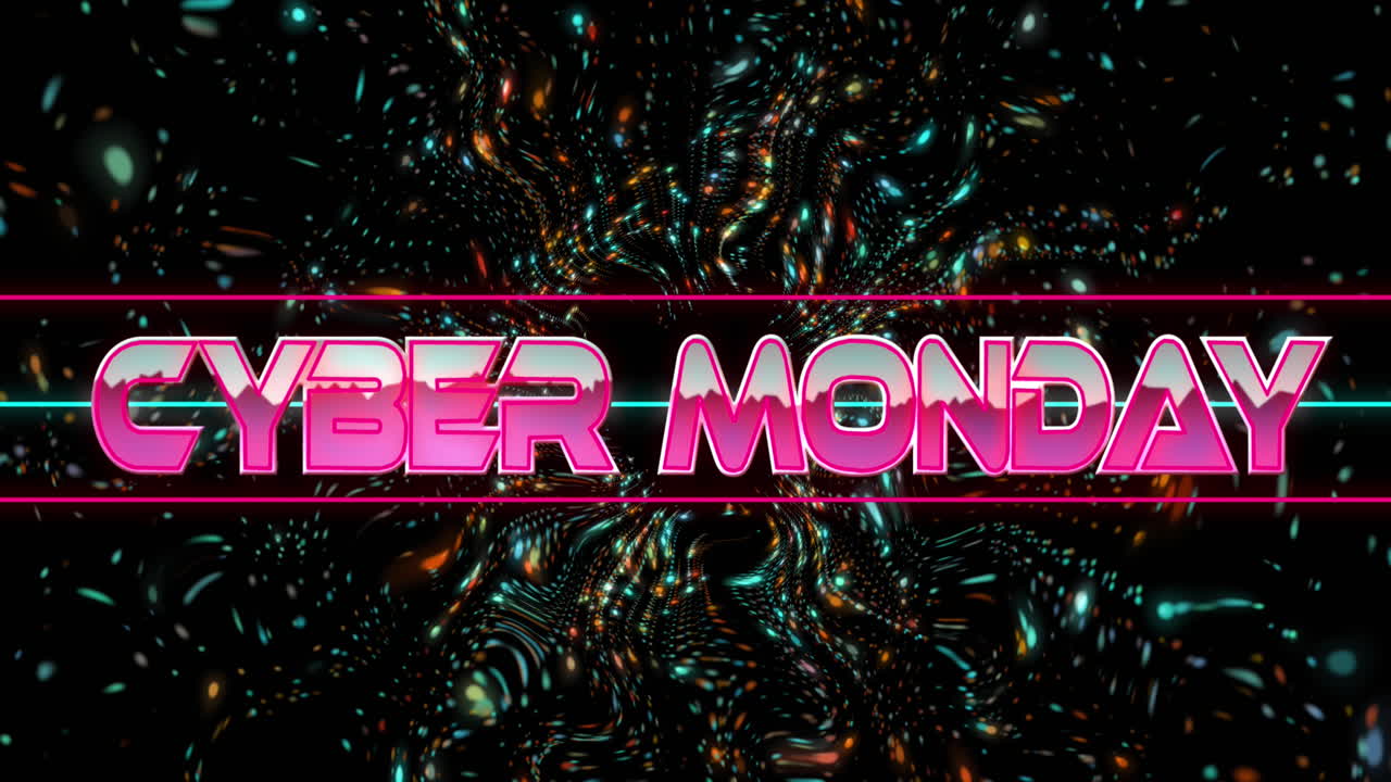 Animation of cyber monday text over illuminated abstract pattern against black background