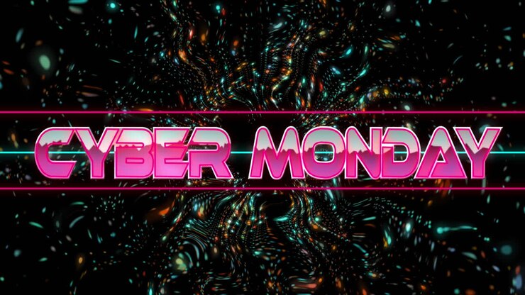 Animation of cyber monday text over illuminated abstract pattern against black background