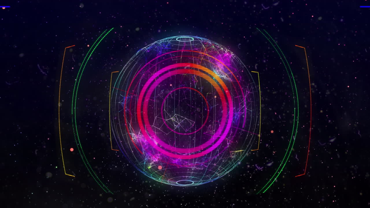 빨간색과 분홍색의 모양과 회전하는 지구 위의 다양한 그림의 애니메이션