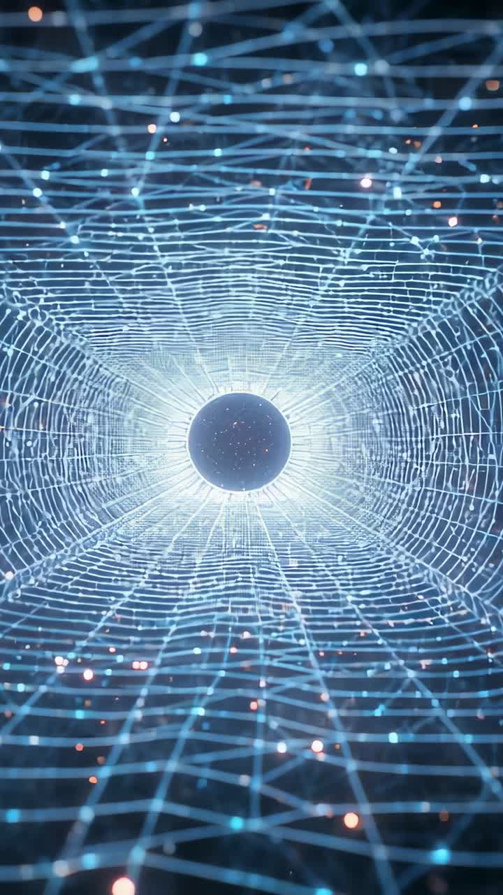 Video verticale: taglia l'orbita scura iniziale con alone pulsante che increspa la griglia blu nel tunnel per la profondità con punti
