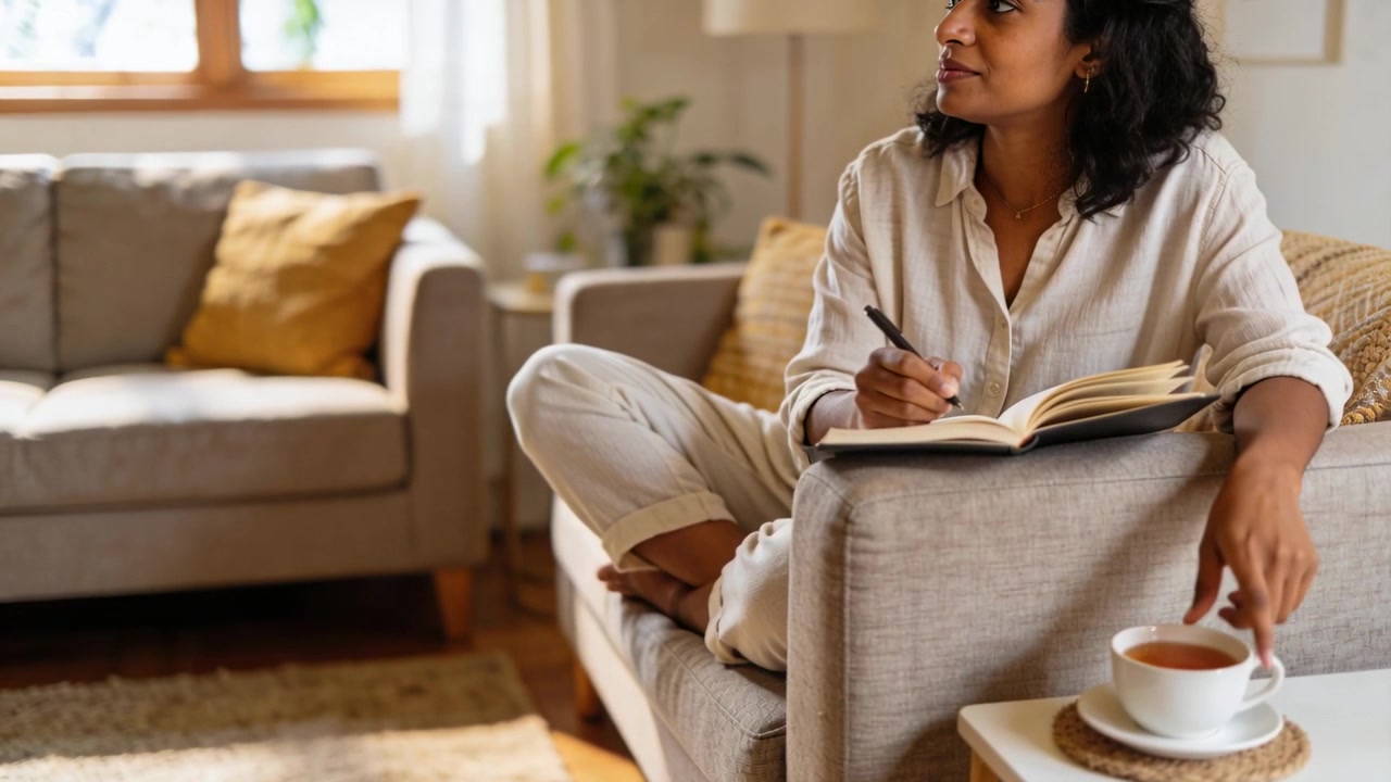 Notebook open pen poised, writing woman reaching cup, sipping while journaling on gray sofa at home
