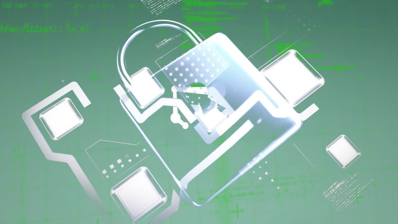 Animation of padlock over motherboard and processing data on green background