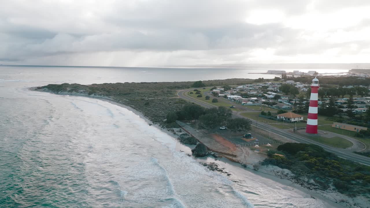 Cinematic drone footage of the Indian Ocean and Point Moore Lighthouse in the southern tip of Geraldton in Perth, Western Australia
