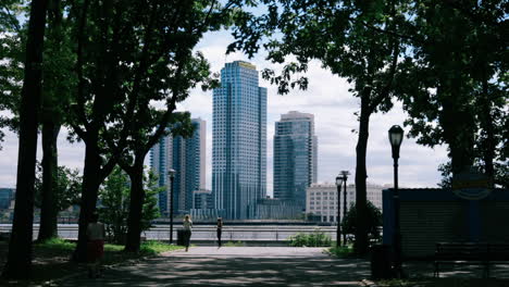 urban park with city skyline view