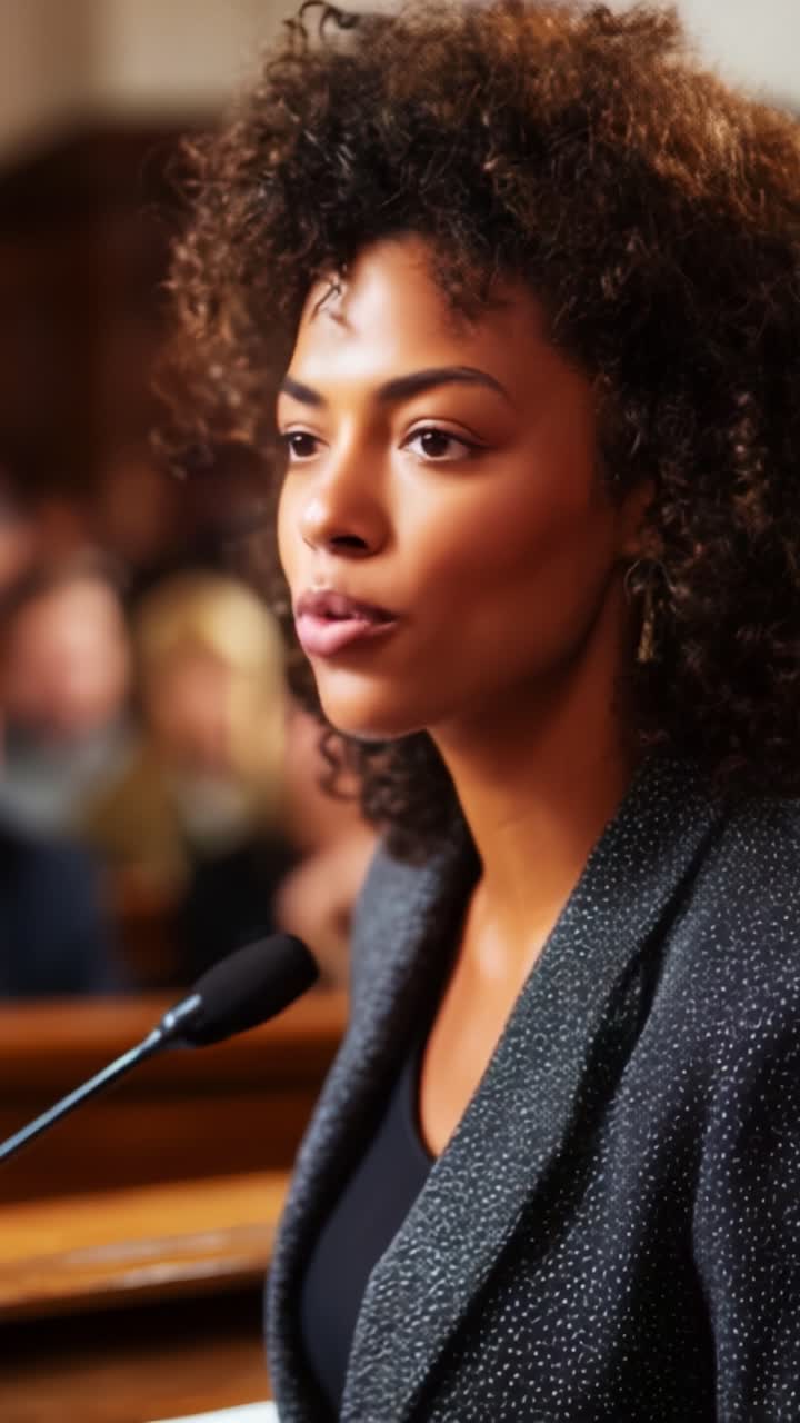Donna sicura di sé che fa una presentazione in tribunale, interagendo con il pubblico, dimostrando ottime capacità comunicative e professionalità in un contesto legale