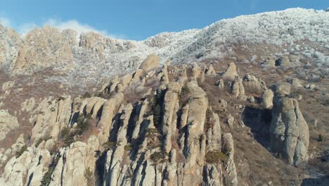 snowy mountain peaks and rock formations