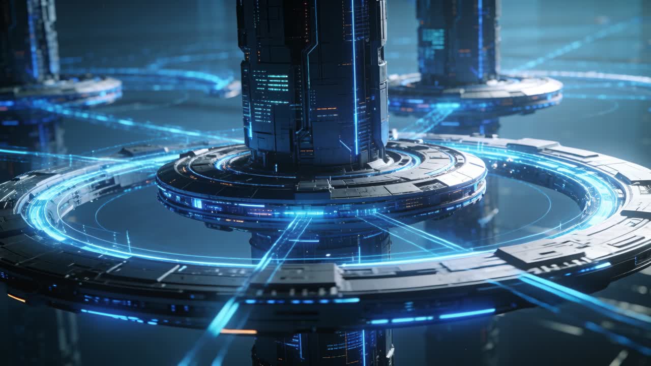 Receiving energy pulse, central tech tower with ring powering up, aligning conduits, forming link