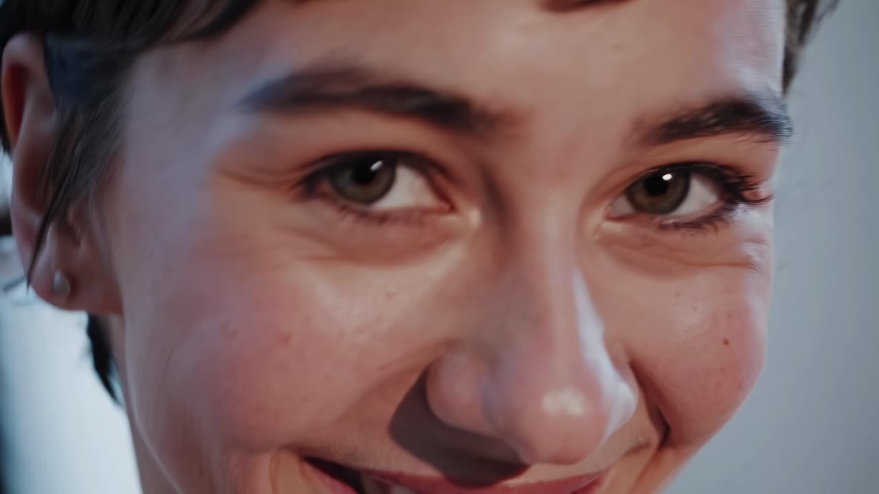 Close-up video shot of a smiling person, capturing a joyful expression