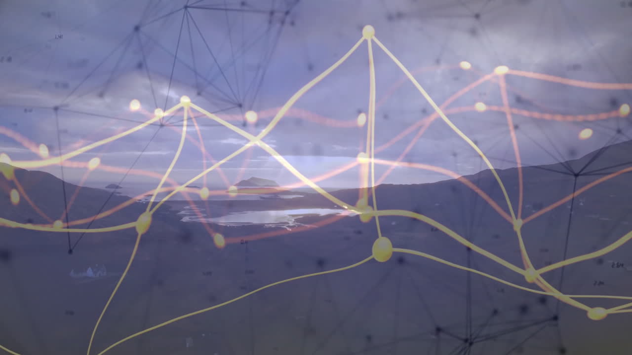 Data processing animation over landscape showing network of connections in motion