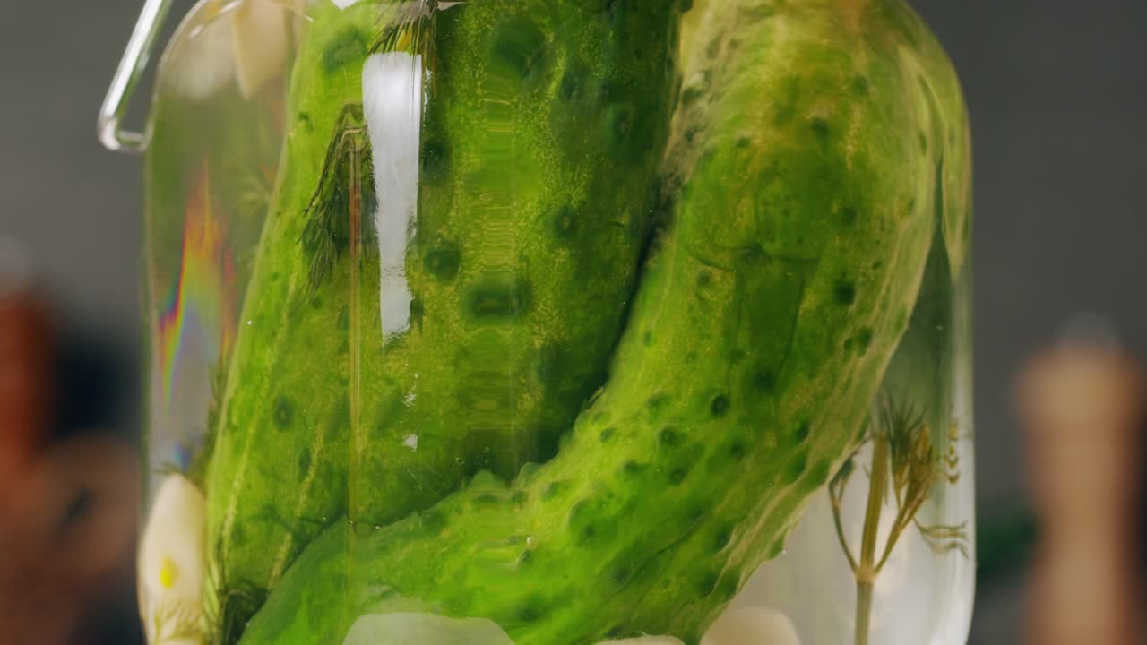 Close-up of fermented cucumbers with garlic in can. Preservation of vegetables in glass jars. Fermentation preserved cucumbers with spices. Russian cuisine.