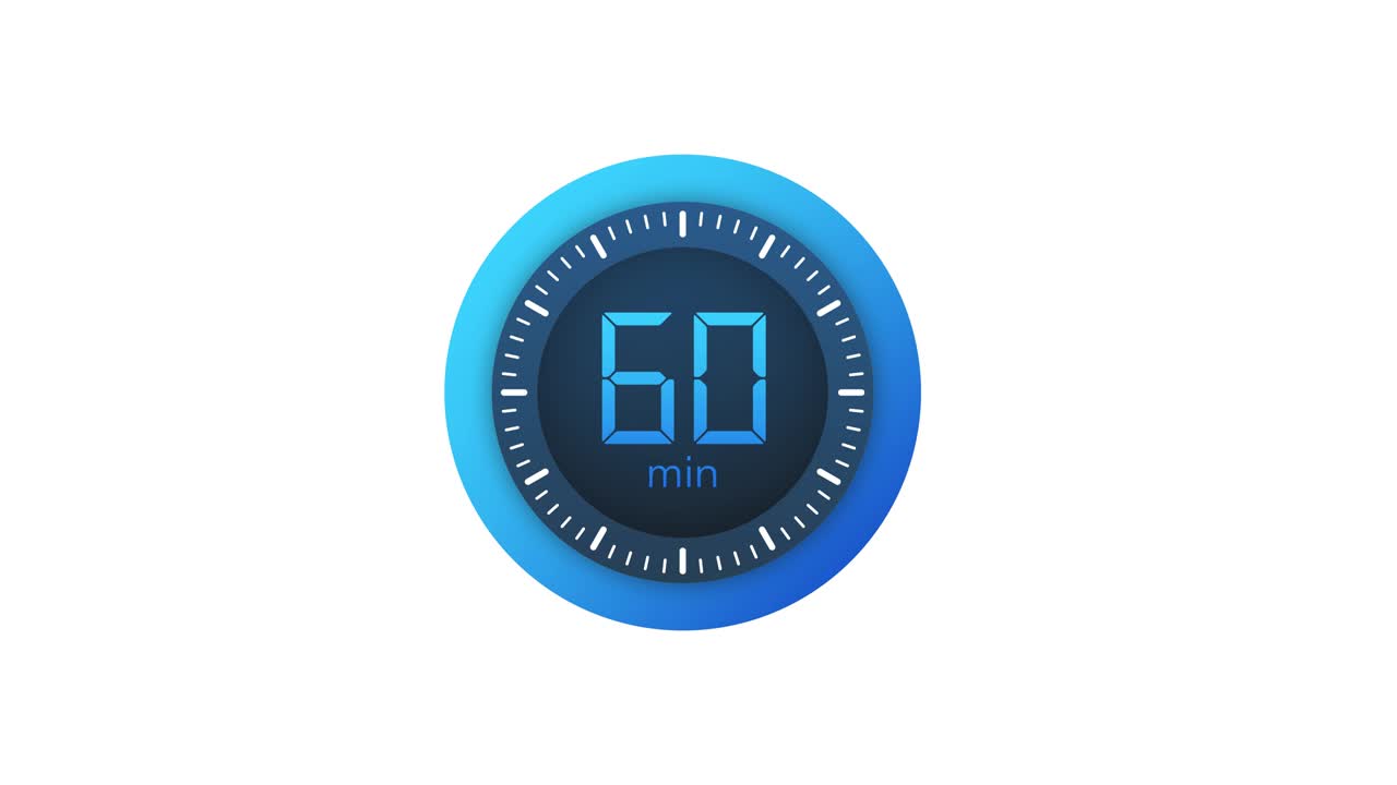 The 60 minutes timer. Stopwatch icon in flat style. Motion graphics.