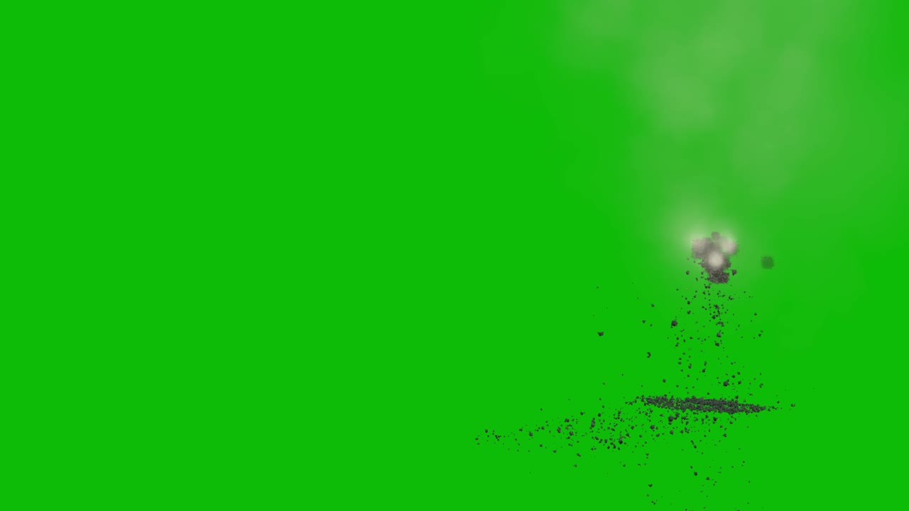 Effetti visivi, VFX, sparo di arma da fuoco su un muro con detriti che cadono su schermo verde, animazione 3D