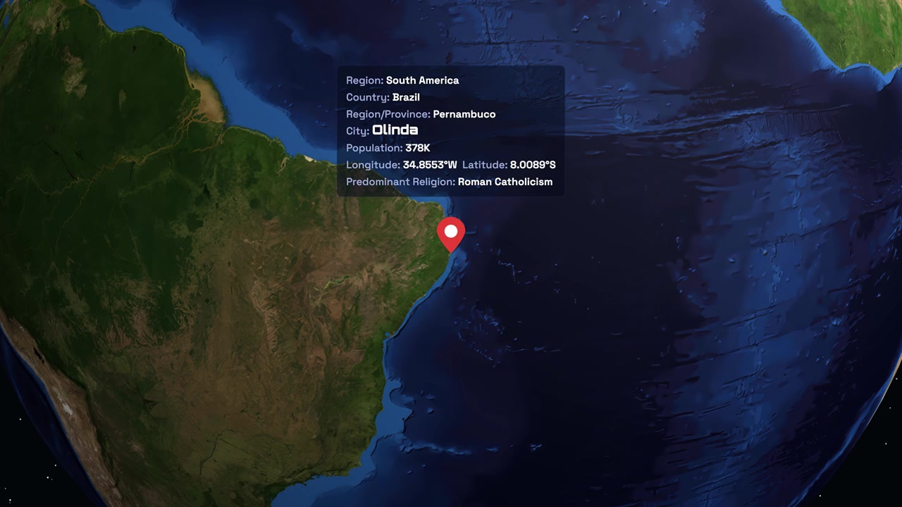 A digital earth rotates and zooms into South America, highlighting Olinda with location information