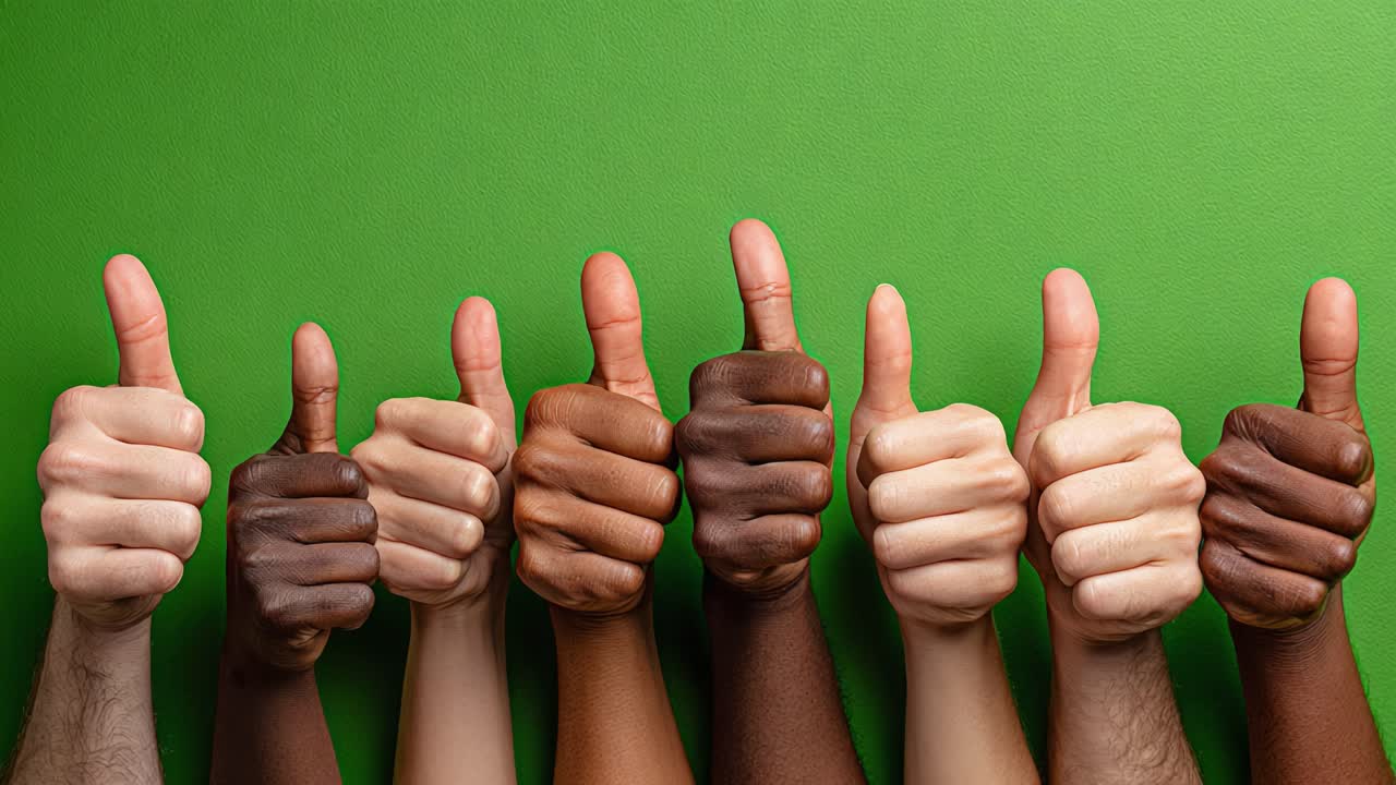 A Diverse Collection of Hands Giving Thumbs Up in Unity and Positivity Against a Green Background, Celebrating Togetherness and Support