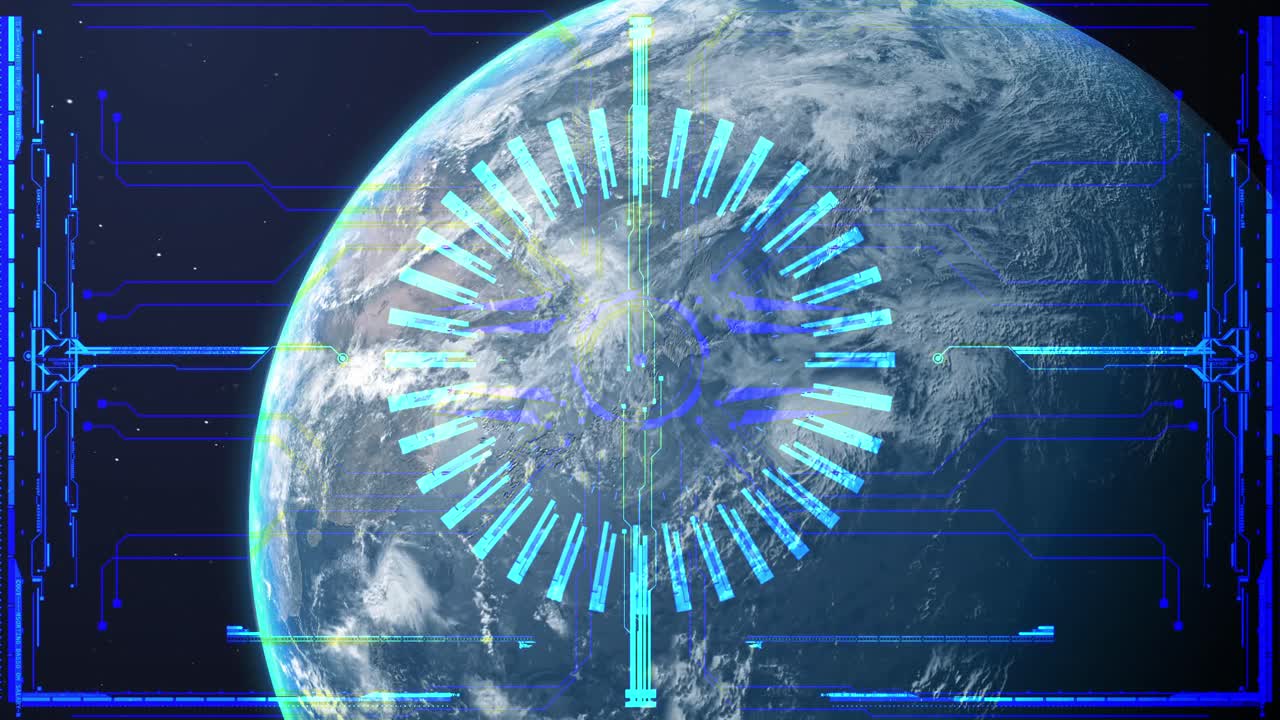 A futuristic blue HUD with a circular scanning element analyzes planet Earth from space, high-tech concept for global data or sci-fi films