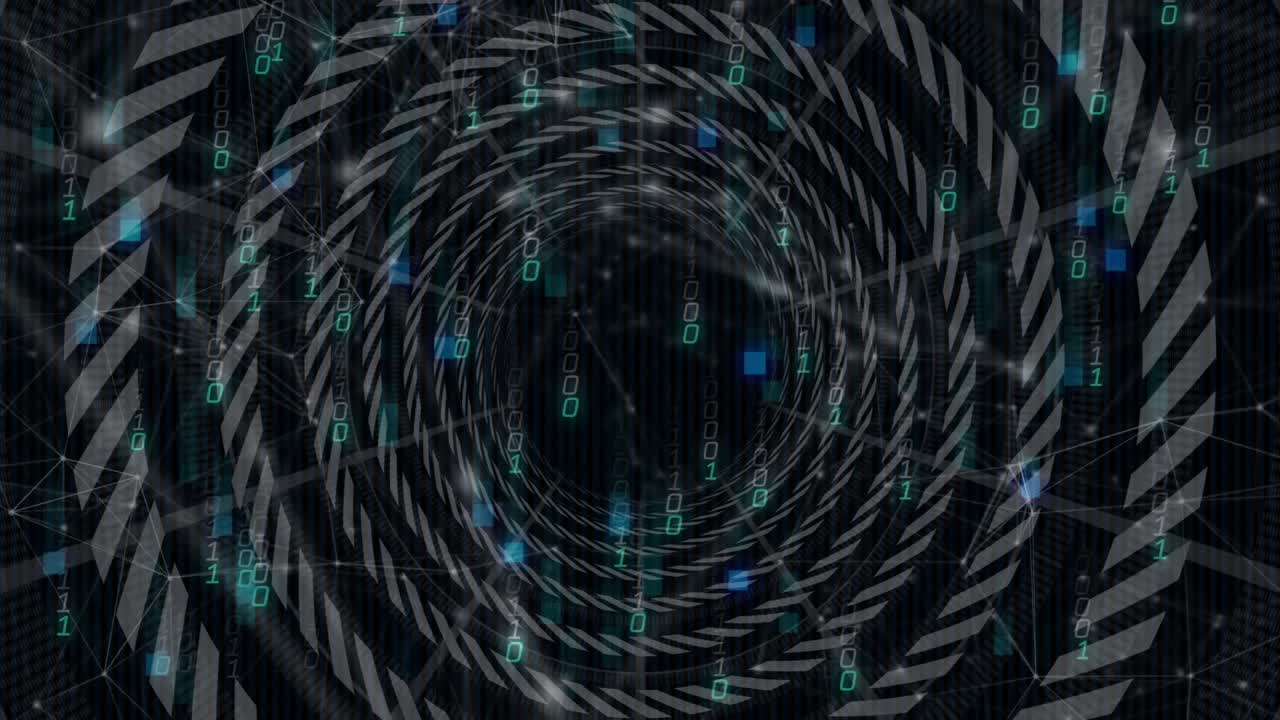 Animation of spiral pattern with binary code and geometric shapes in digital vortex