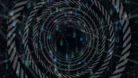 animation of spiral pattern with binary code and geometric shapes in digital vortex