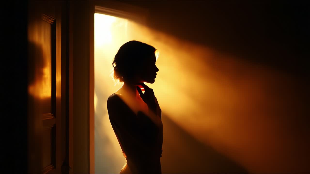 A Captivating Moment of Tranquility and Reflection: A Backlit Silhouette Bathed in Warm Light, Symbolizing Contemplation and Serenity Beyond a Doorway