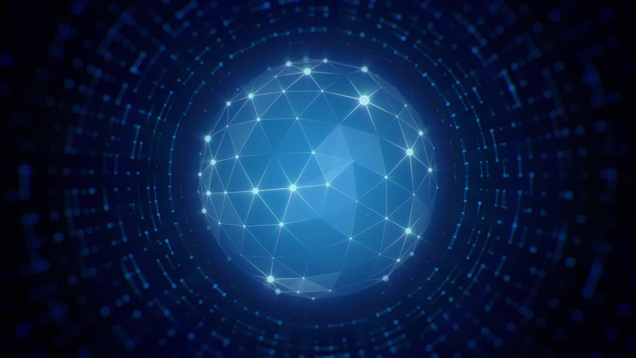 esfera poligonal azul giratoria futurista sobre un fondo oscuro