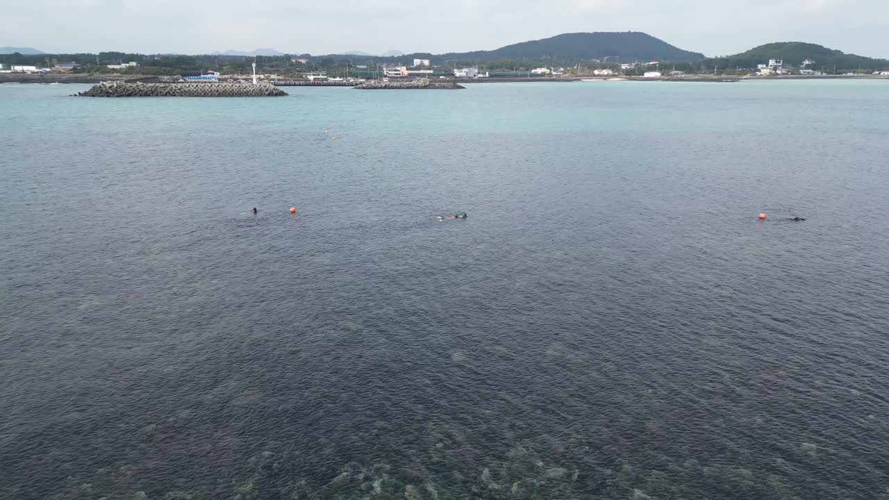 Drone aerial view in South Korea countryside flying over the sea with green island rocky shallow area haenyeo women divers fishing jeju island cloudy