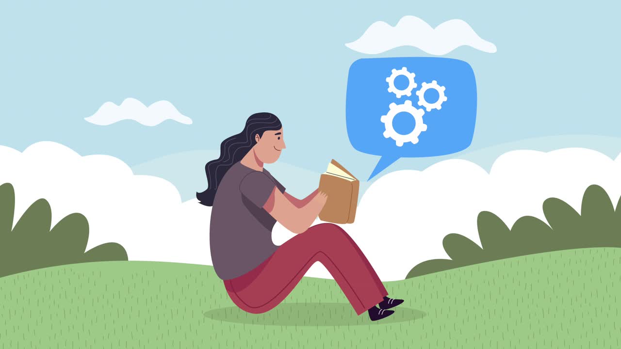 young student girl seated reading book with gears in the camp