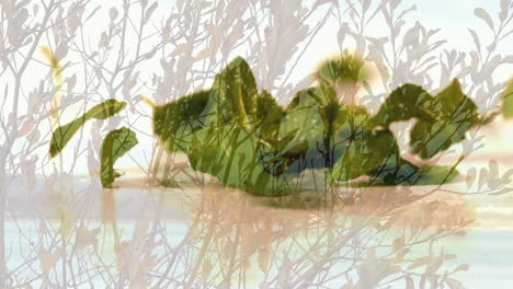 silhouetted figures with animation blending over serene water and plants background