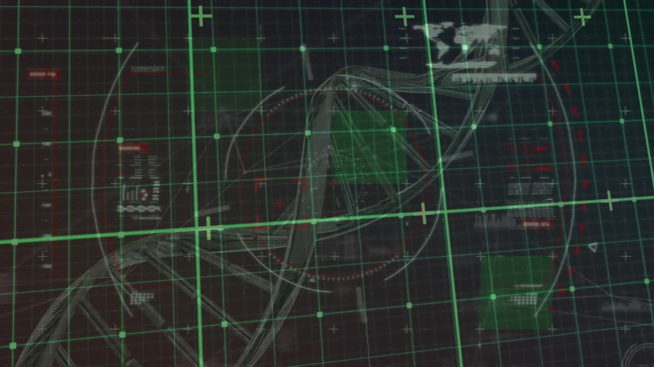 animación de círculos, mapa, barras de carga con hélice de adn giratoria sobre un fondo negro