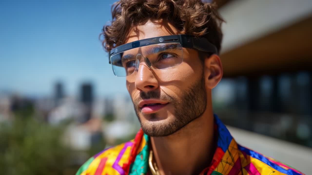 A young man wearing stylish augmented reality glasses poses confidently against a vibrant backdrop, showcasing a colorful jacket and thoughtful expression in bright sunlight