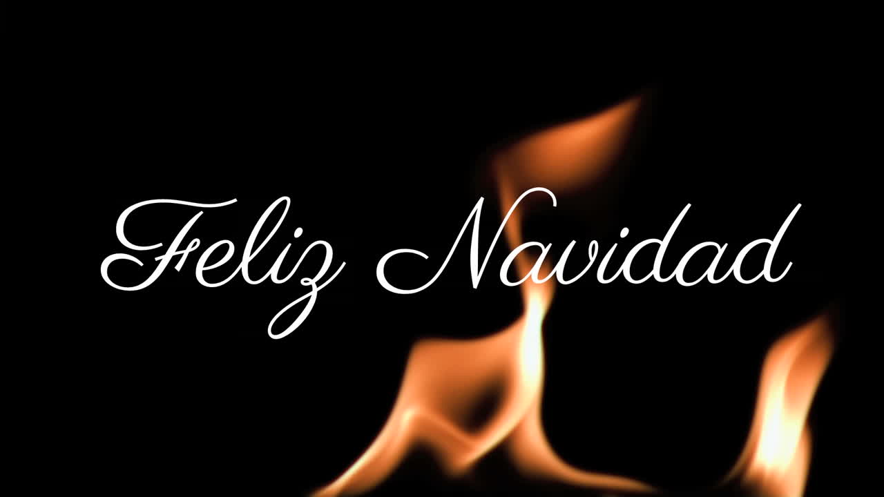 Feliz Navidad text animation over flames on black background