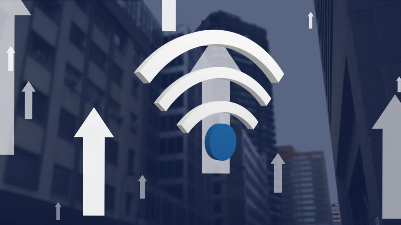 animación de wifi y flechas iconos digitales flotando sobre el paisaje urbano
