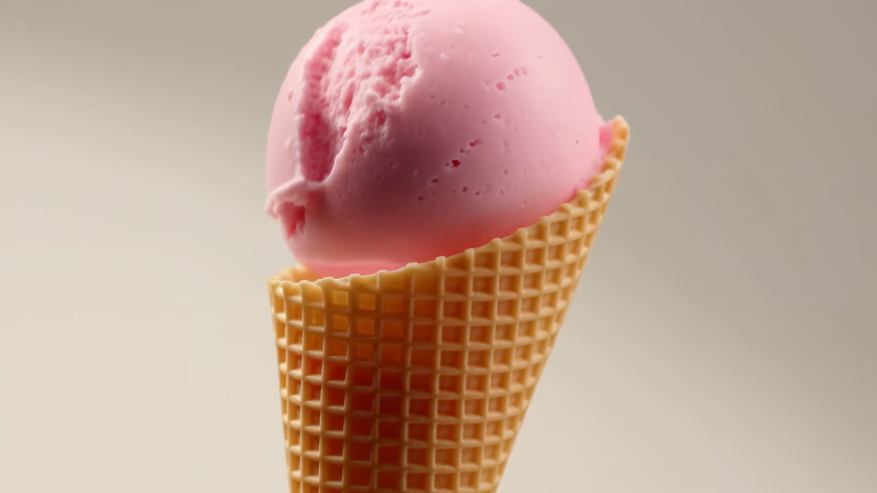 Pink Strawberry Scoop On Waffle Cone, Studiolit Closeup Showing Creamy Texture And Melting Edges, Soft Shadows