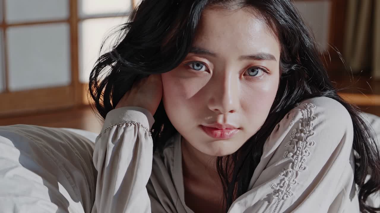 침실 에 있는 아시아인 여자 의 초상화