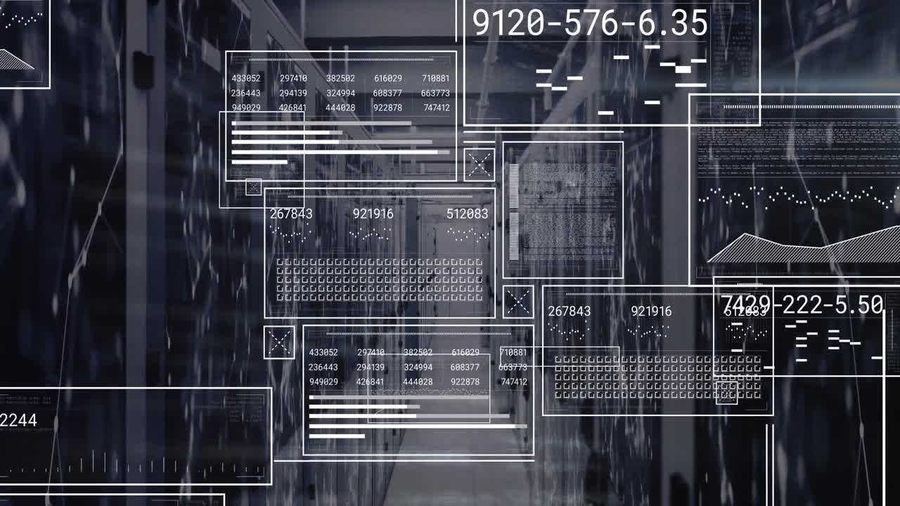 animación de la interfaz con el procesamiento de datos y la red de conexiones contra la sala de servidores de computadoras