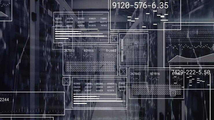 Animation of interface with data processing and network of connections against computer server room
