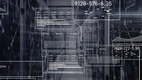 animación de la interfaz con el procesamiento de datos y la red de conexiones contra la sala de servidores de computadoras