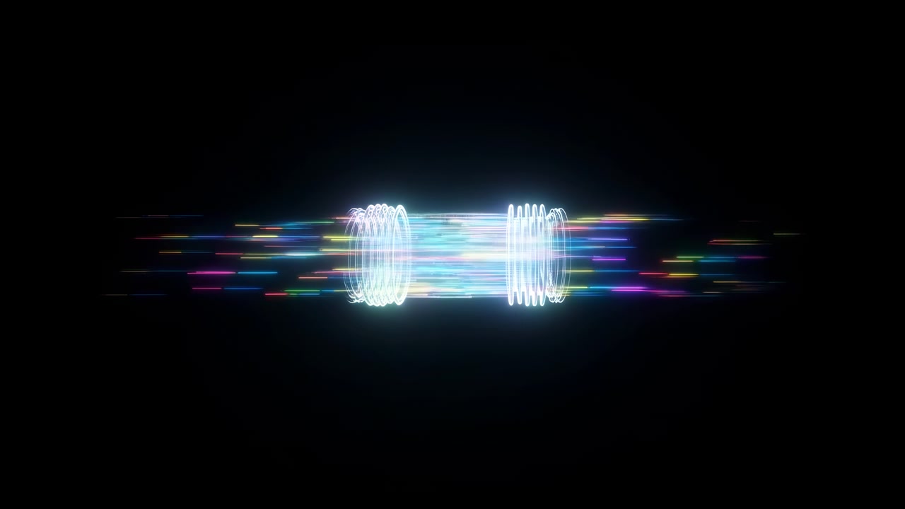Due bobine wireframe bianco-blu si fronteggiano mentre dense striature multicolori brillano e si connettono attraverso lo spazio scuro, creando energia astratta radiosa, simmetria elegante, vivido contrasto digitale.
