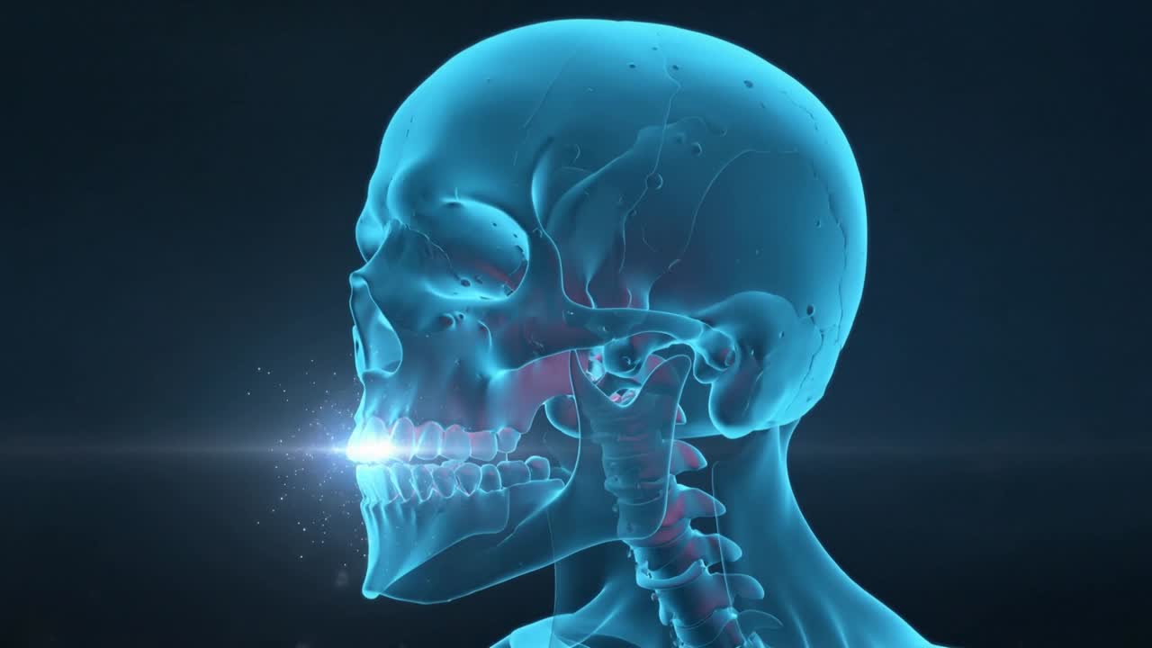 Teschio ciano che ruota con mascella sporgente durante un bagliore sui denti su sfondo scuro, mostrando l'ATM e la parte superiore del collo.