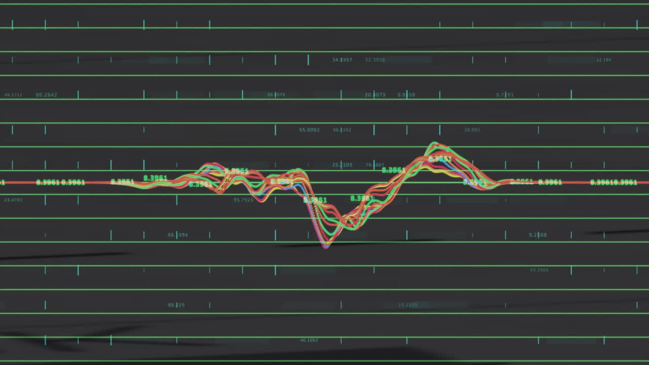 어두운 격자 배경에서 데이터 분석 애니메이션을 나타내는 변동하는 다채로운 선