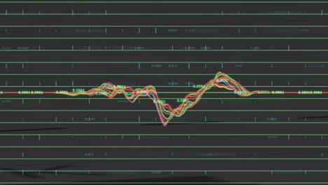 Schwankende-Bunte-Linien,-Die-Eine-Datenanalyse-Animation-über-Einem-Dunklen-Gitterhintergrund-Darstellen