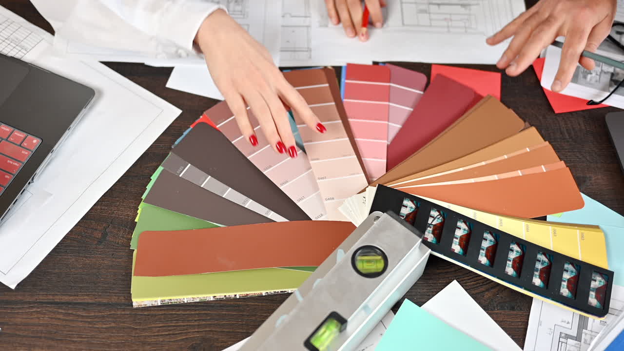 Colleghi che analizzano progetti di costruzione e colori in un ufficio
