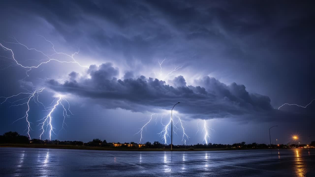 An Electrifying Display of Nature: Captivating Thunderstorm with Dramatic Lightning Strikes Illuminating the Night Sky and Reflecting on Wet Surfaces